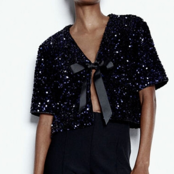 H&M Viral Black Sequin Ribbon Bow Cardigan Blouse Size S M L NWT - Picture 4 of 13